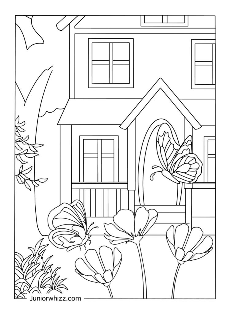 Detailed Butterfly and Flowers Coloring Page